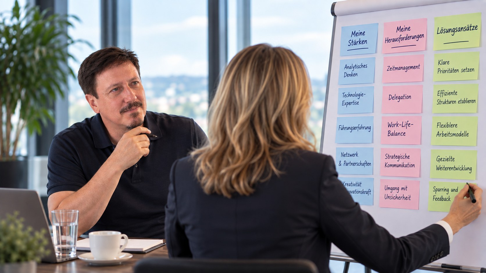 Rolf Härdi im Coaching-Gespräch, im Hintergrund ein Flipchart mit Stärken, Herausforderungen und Lösungsansätzen.