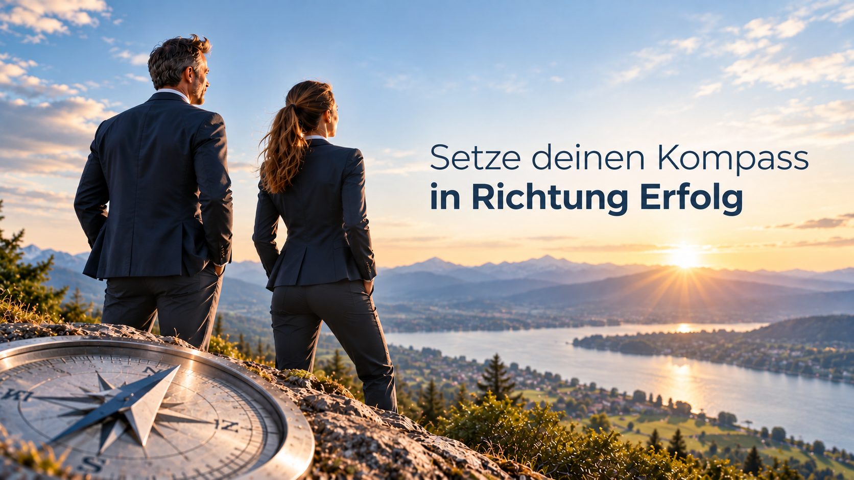 Zwei Berater:innen blicken bei Sonnenaufgang von einem Gipfel auf ein Alpenpanorama, im Vordergrund ein Kompass. Bildtext: Setzen Sie Ihren Kompass in Richtung Erfolg.