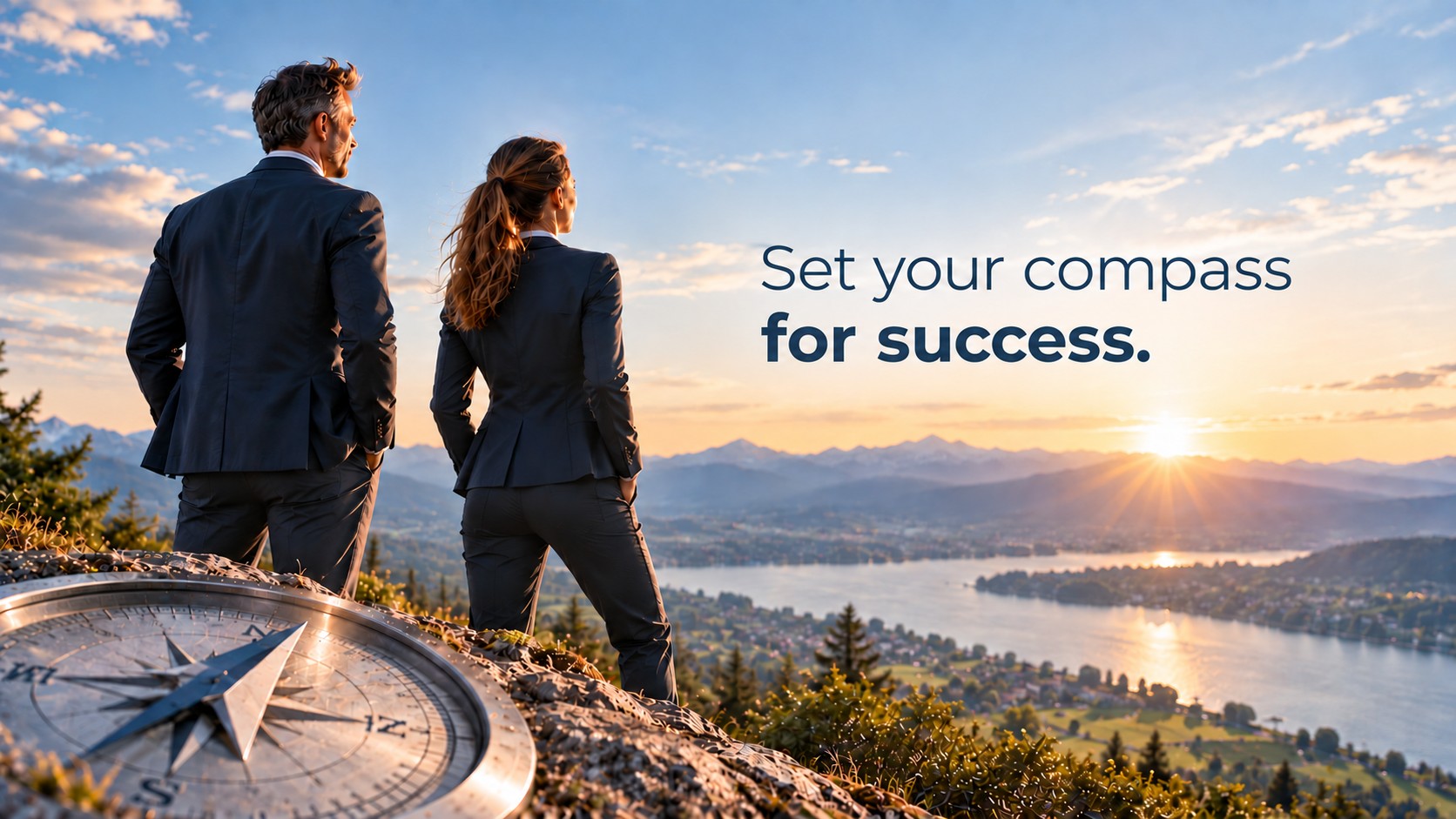Two advisors look out from a mountain summit over an alpine panorama at sunrise, a compass in the foreground. Image text: Set your Compass towards Success.