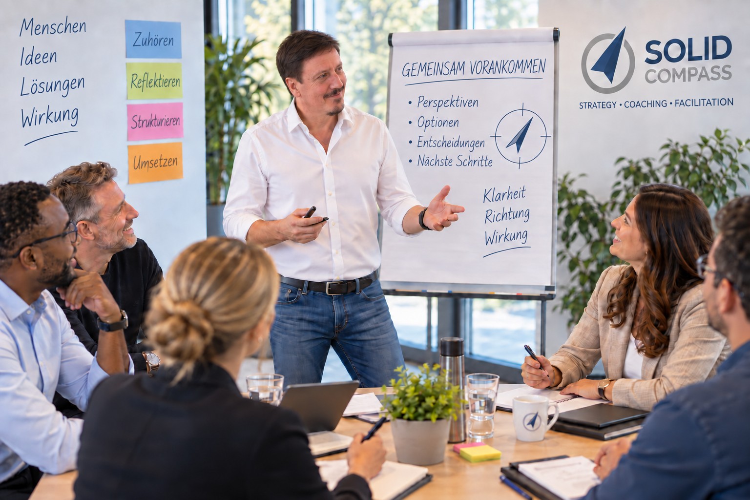 Rolf Härdi moderiert einen Workshop, im Hintergrund ein Flipchart mit dem Titel Gemeinsam vorankommen sowie den Stichworten Perspektiven, Optionen, Entscheidungen und Nächste Schritte.