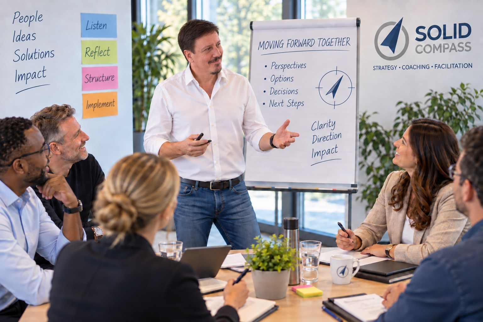Rolf Härdi moderiert einen Workshop, im Hintergrund ein Flipchart mit dem Titel Moving Forward Together sowie den Stichworten Perspectives, Options, Decisions und Next Steps.
