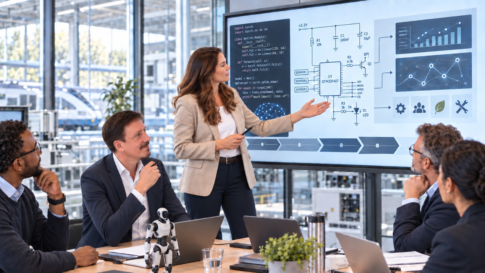 Eine Technologieexpertin präsentiert einem Führungsteam auf einem großen Bildschirm technische Inhalte – Code, ein Schaltplan und Analyse-Dashboards – in einer Industrieumgebung mit Zug im Hintergrund.