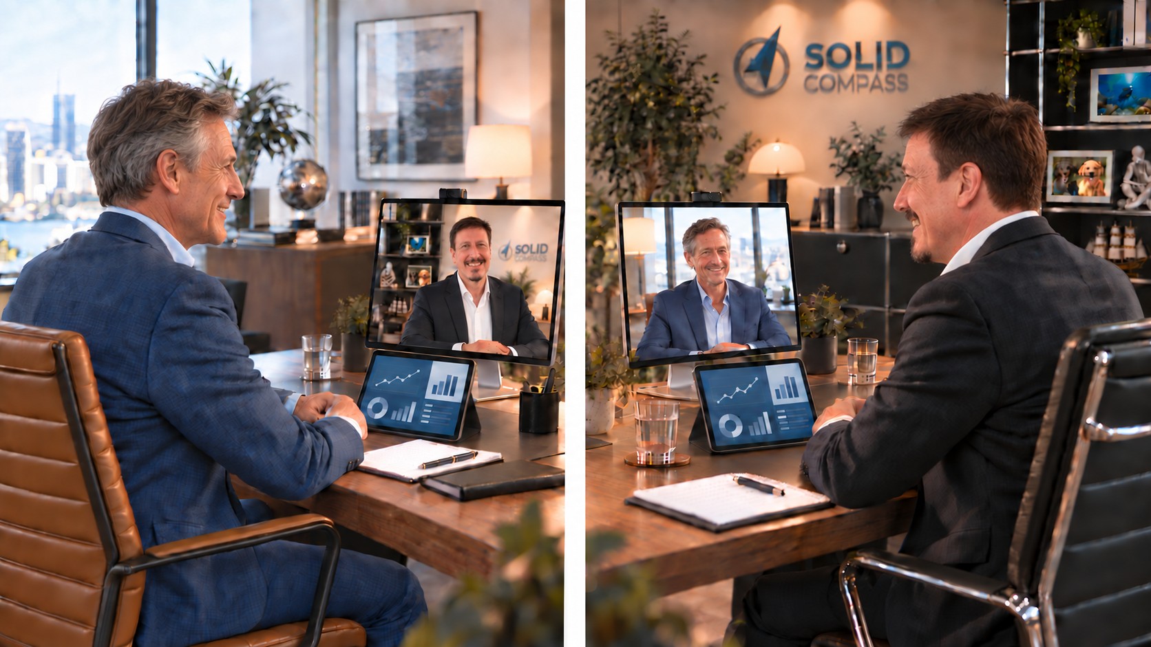 Zwei Berater führen ein Online-Beratungsgespräch per Videocall, im rechten Büro ist das Solid Compass Logo an der Wand zu sehen.