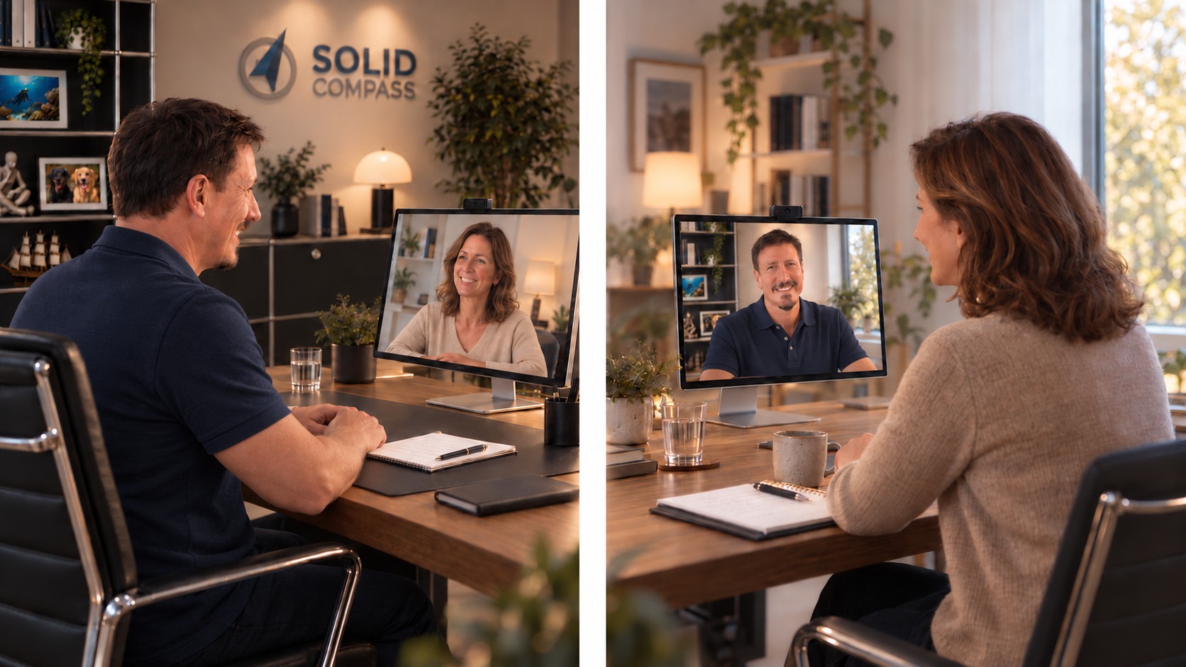 Zwei Personen führen ein Online-Coaching-Gespräch per Videocall in einer vertrauten Büroumgebung mit dem Solid Compass Logo im Hintergrund.
