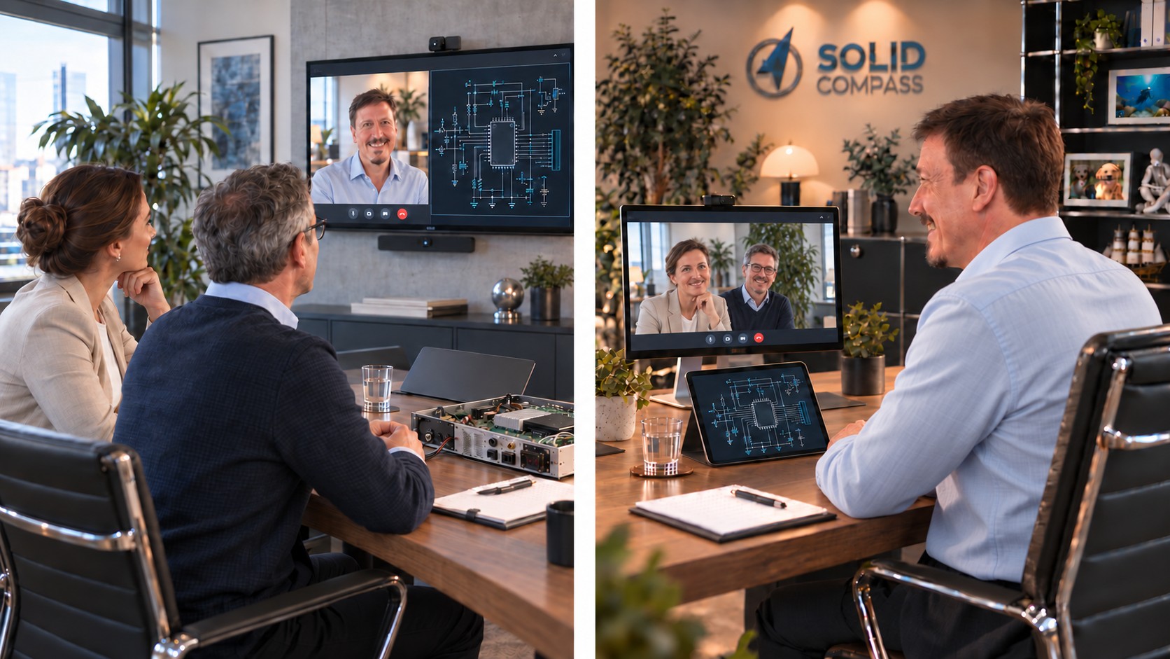 Ein Techniker und eine Kollegin nehmen per Videocall an einer technischen Besprechung mit Schaltplänen teil, im rechten Büro ist das Solid Compass Logo an der Wand zu sehen.